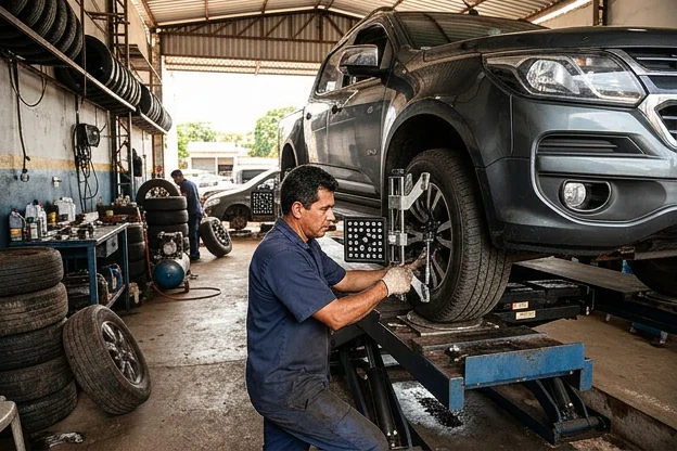 Mecânico alinhando rodas de um veículo em uma borracharia.